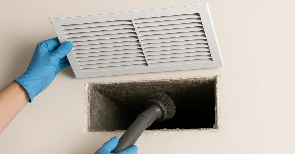 Technician in blue gloves vacuuming dust from an open air duct while removing the vent cover.